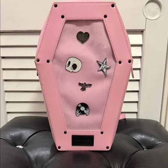 Pink Faux Leather Black Metal Pin Collector Coffin-Shaped Backpack Like New - Picture 2 of 8